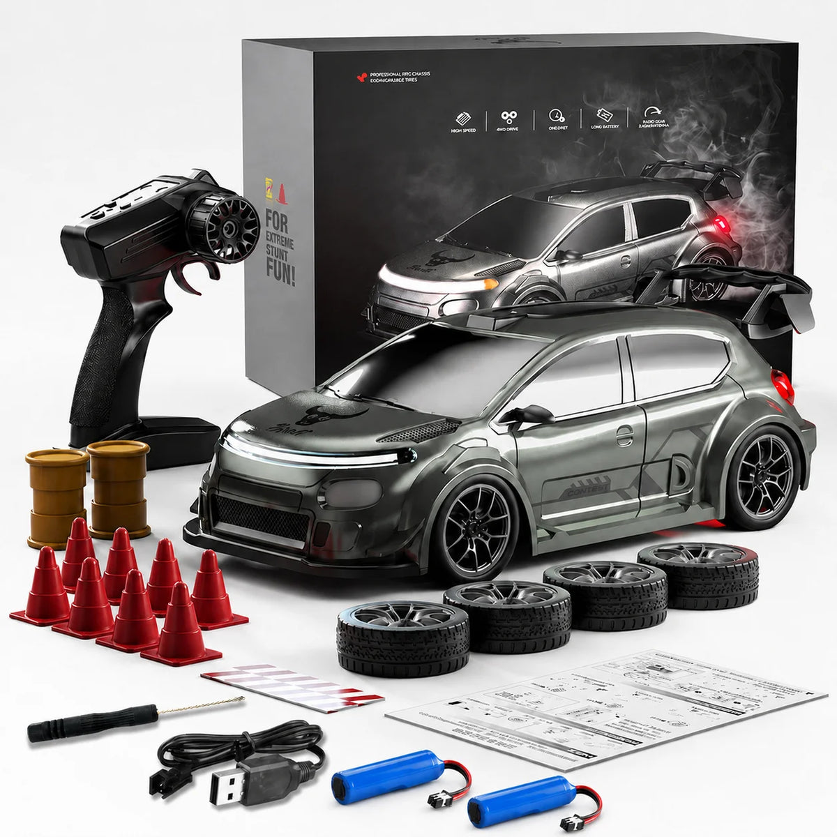 ZNLYRION RC Drift Car SG718 1: 24 Scale 4WD With Replaceable Racing Drift Tires LED Headlights Taillight Sport Rear Wing Remote Control Racing Vehicle Toy