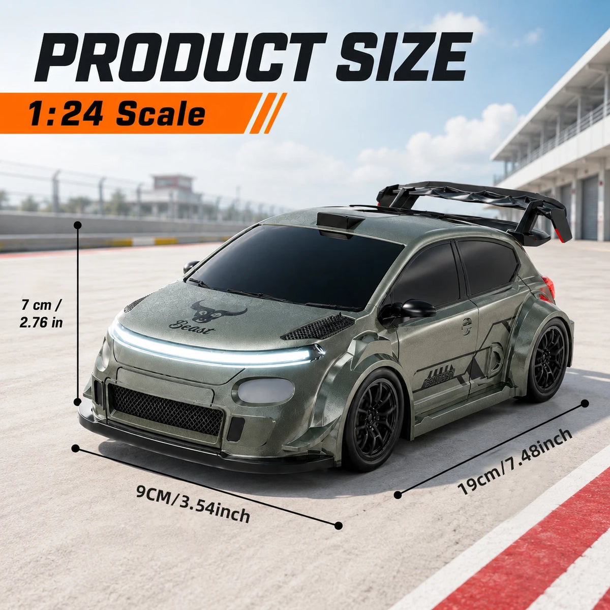 ZNLYRION RC Drift Car SG718 1: 24 Scale 4WD With Replaceable Racing Drift Tires LED Headlights Taillight Sport Rear Wing Remote Control Racing Vehicle Toy