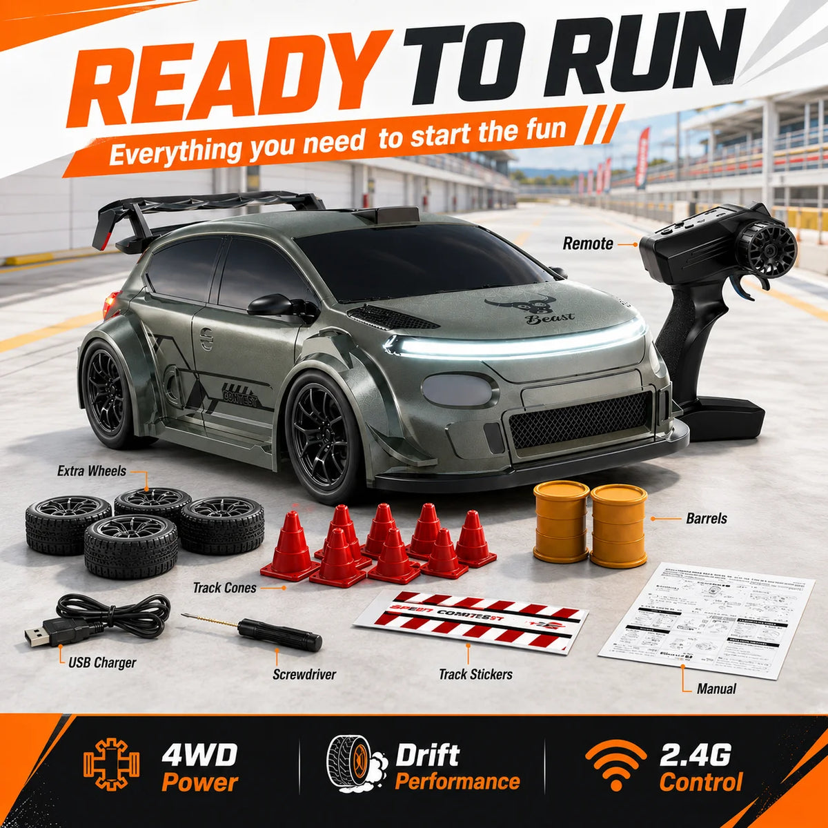 ZNLYRION RC Drift Car SG718 1: 24 Scale 4WD With Replaceable Racing Drift Tires LED Headlights Taillight Sport Rear Wing Remote Control Racing Vehicle Toy