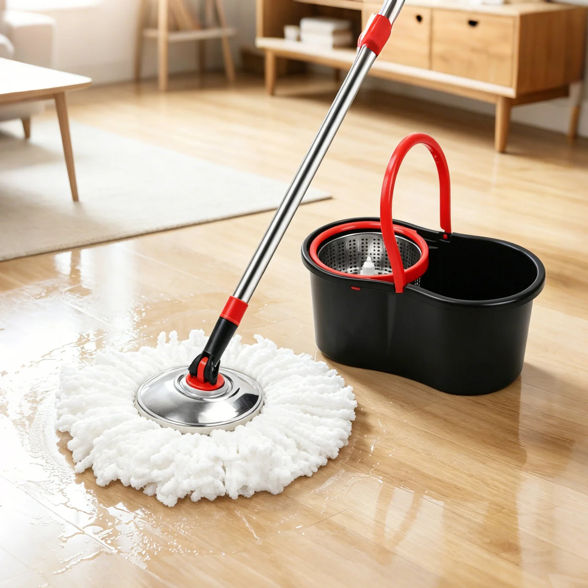 Spin Mop Bucket Set 360° Rotating Floor Cleaning Mop System with Microfiber Mop Heads Stainless Steel Wringer for Home Hardwood Tile Floors