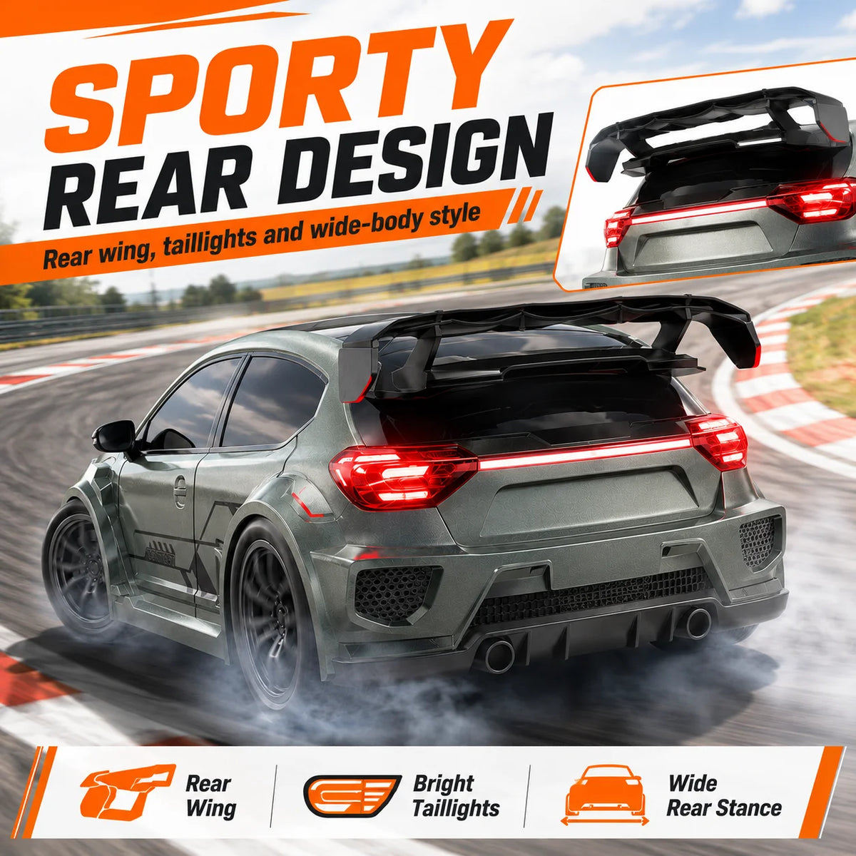 ZNLYRION RC Drift Car SG718 1: 24 Scale 4WD With Replaceable Racing Drift Tires LED Headlights Taillight Sport Rear Wing Remote Control Racing Vehicle Toy