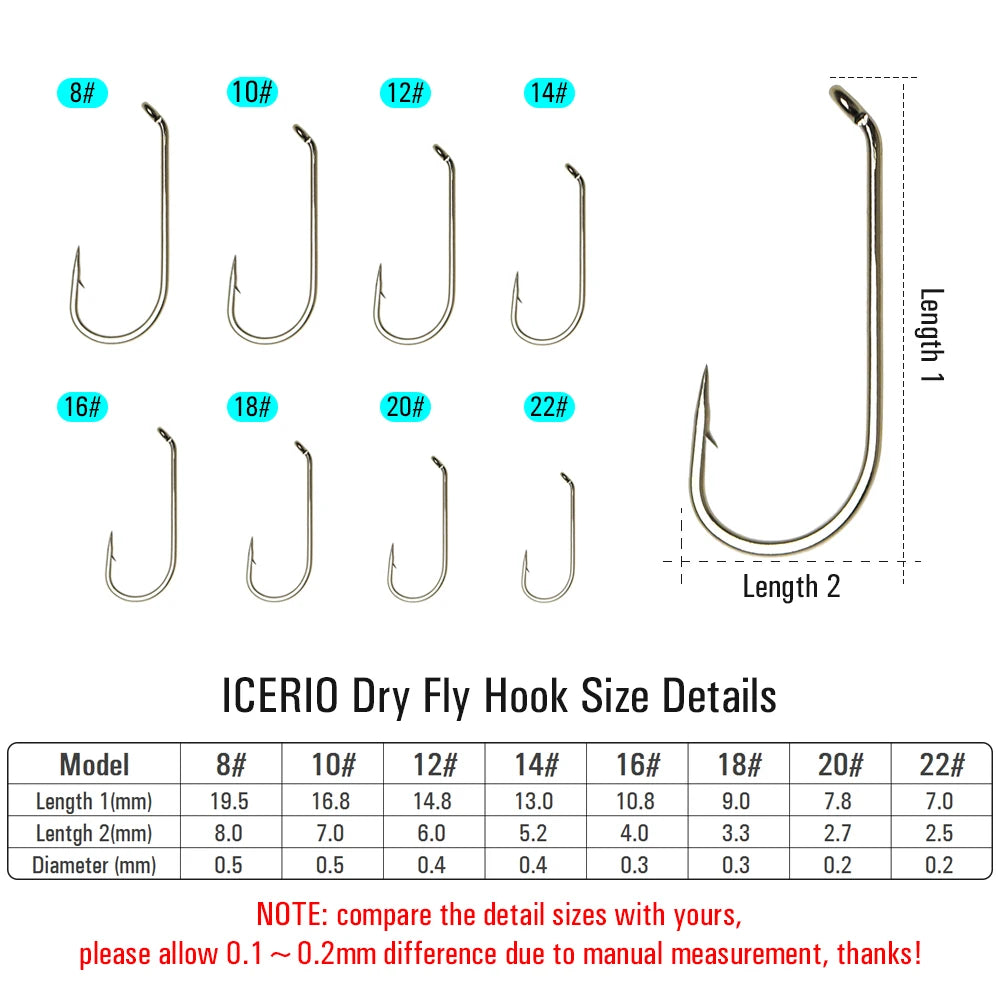 ICERIO 100PCS Nymphs Dry Wet Fly Tying Hook Down Eye 1X Long Shank Round Bend Trout Fishing Hooks