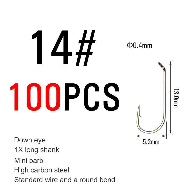 ICERIO 100PCS Nymphs Dry Wet Fly Tying Hook Down Eye 1X Long Shank Round Bend Trout Fishing Hooks