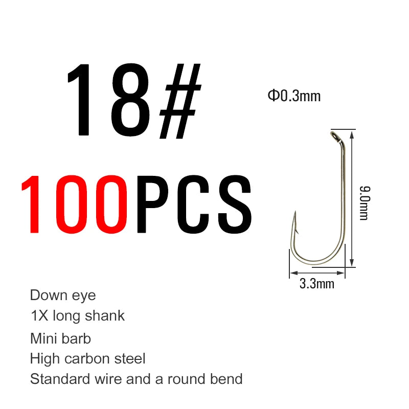 ICERIO 100PCS Nymphs Dry Wet Fly Tying Hook Down Eye 1X Long Shank Round Bend Trout Fishing Hooks