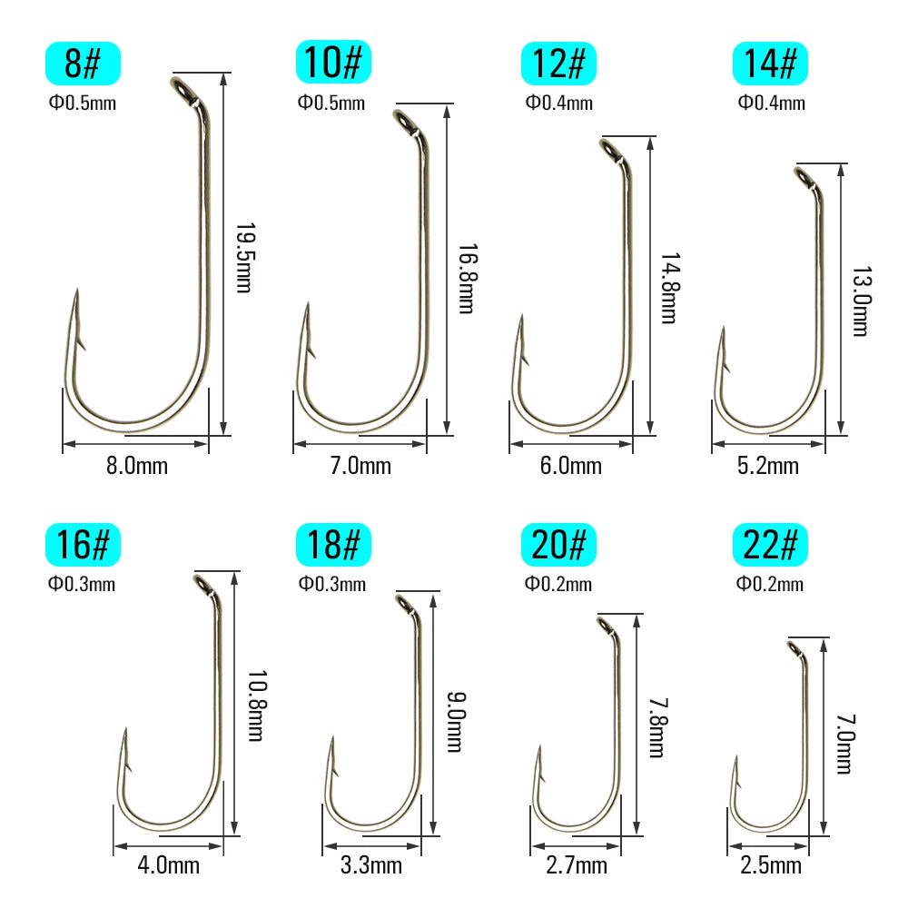 ICERIO 100PCS Nymphs Dry Wet Fly Tying Hook Down Eye 1X Long Shank Round Bend Trout Fishing Hooks
