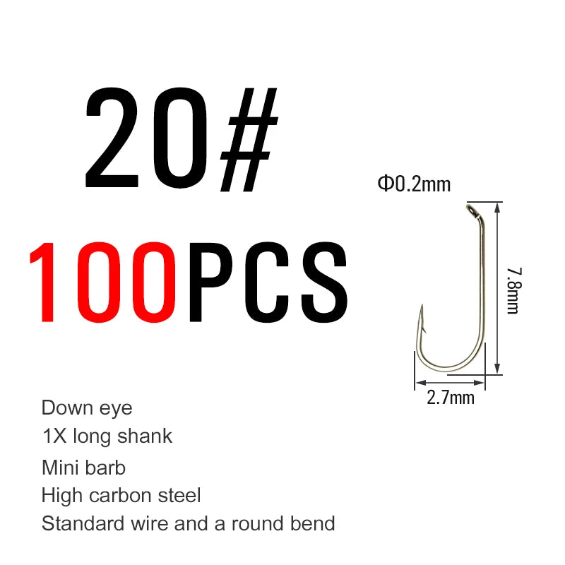 ICERIO 100PCS Nymphs Dry Wet Fly Tying Hook Down Eye 1X Long Shank Round Bend Trout Fishing Hooks