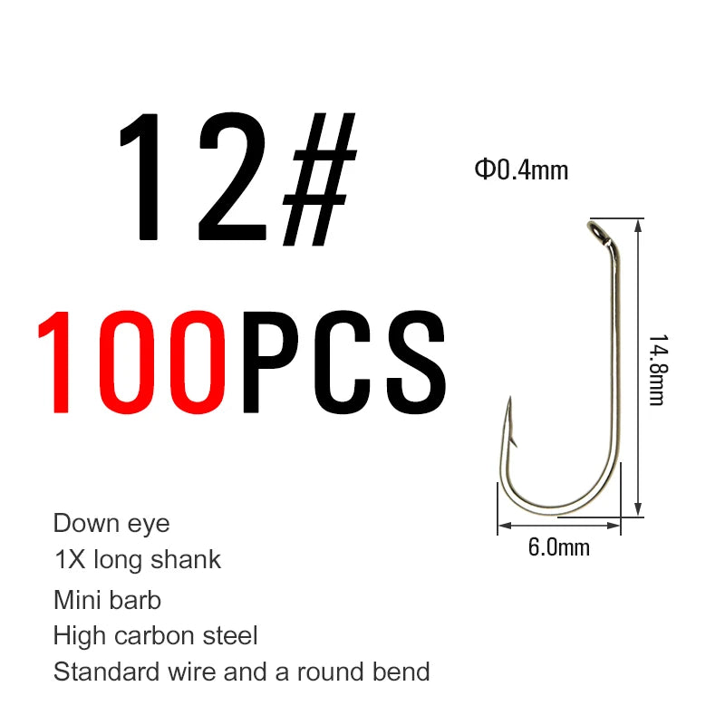 ICERIO 100PCS Nymphs Dry Wet Fly Tying Hook Down Eye 1X Long Shank Round Bend Trout Fishing Hooks