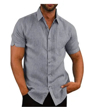 Men Pocket Blouse Tops Summer Male Turn Down Collar Button Short Sleeve Slim Solid Color Blouse Shirts YYCFS-19505