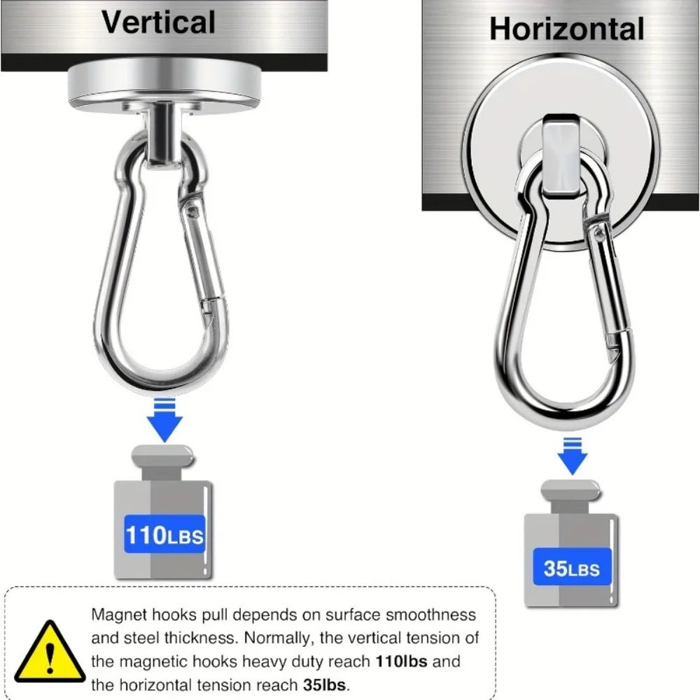 1/2pcs Ultra-Strong Magnetic Hooks Pro - 100lbs Heavy-Duty Neodymium Magnets with Carabiner and Swivel Ideal for Hanging Kitchen