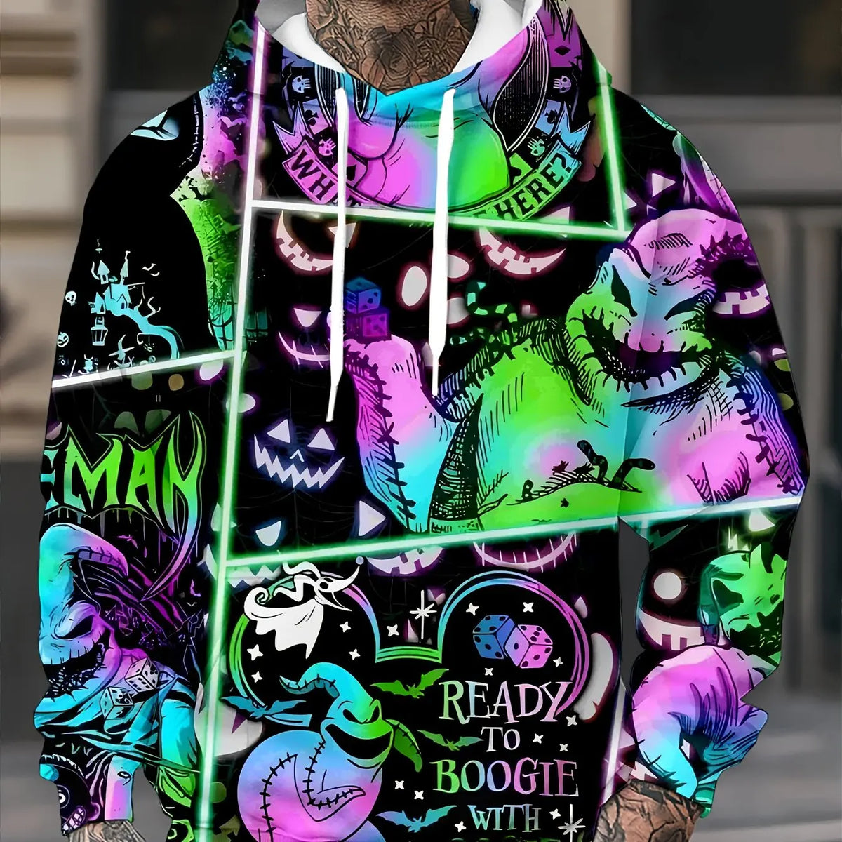 Men Oogie Boogie Neon Color Grid Print Drawstring Hoodie With Pocket