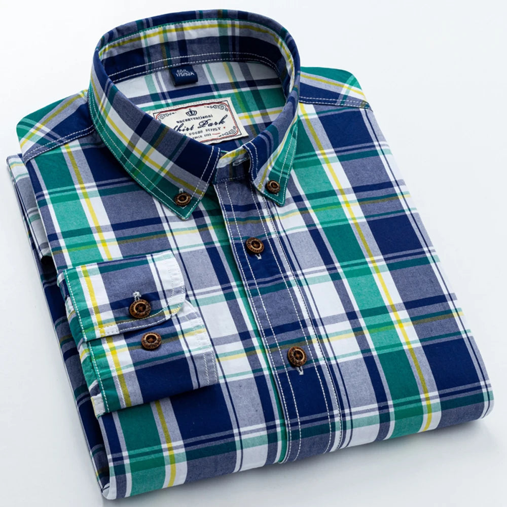 Men's 100% Cotton Plaid Long Sleeve Casual Shirt, Spring Autumn Lightweight & Breathable Slightly Slim Fit Button Down Shirts