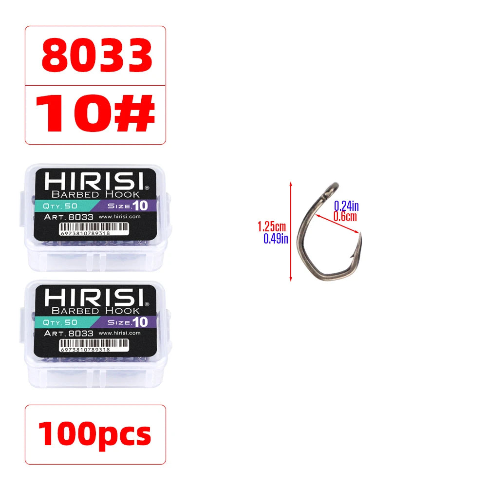 Hirisi 50pcs PTFE Coated High Carbon Stainless Steel Micro Barbed Fish Hook With Eye 8033 Fishing Accessories Spliceable Box
