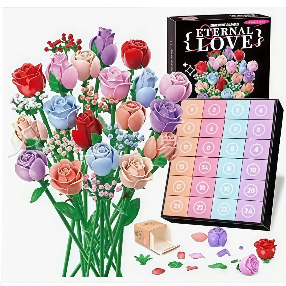 Christmas 24‑Day Countdown DIY Flower Bouquet Building Blocks, Xmas Decorative Set, Holiday Table Ornaments & Party Gift Favors