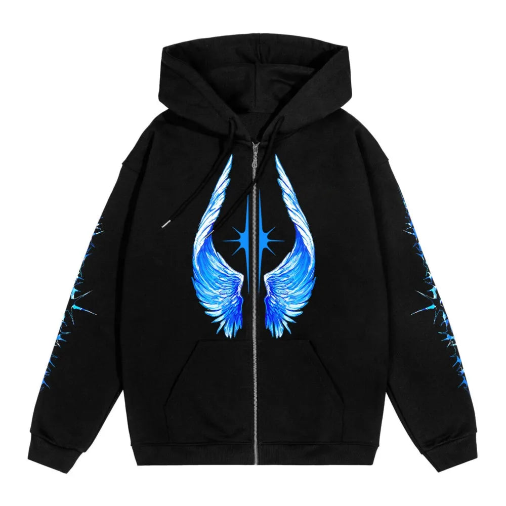 Streetwear Men Zipper Hoodie Bright Side Graphic Print Zip Hooded Pullover Sweatshirt Hip Hop Jacket Y2K Coat Clothing Goth Tops