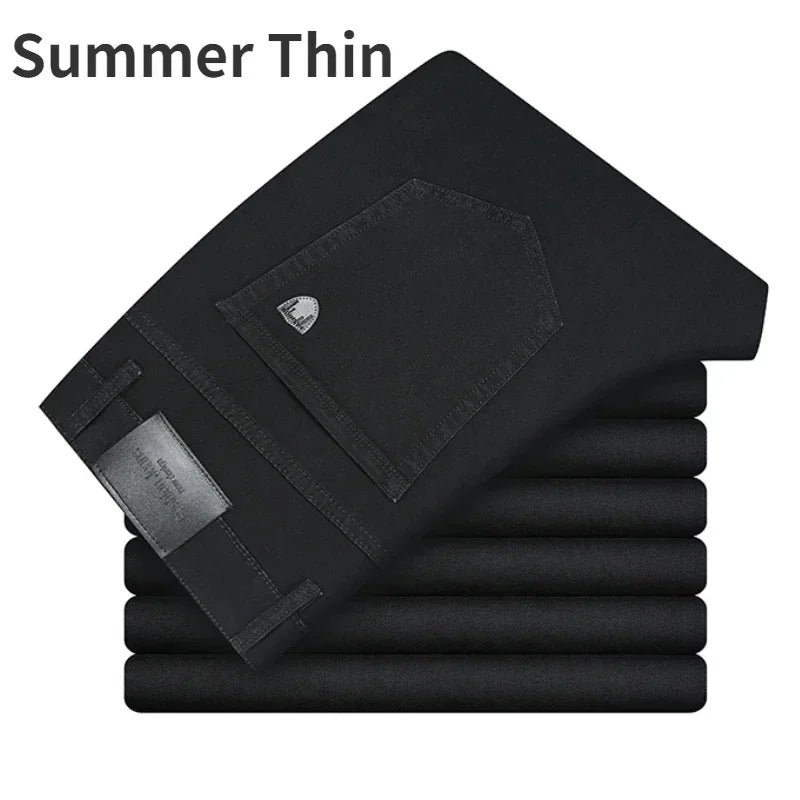 2026 Brand Thin or Thick Material Straight Cotton Stretch Denim Men's  Business Casual High Waist Light Grey Blue Jeans