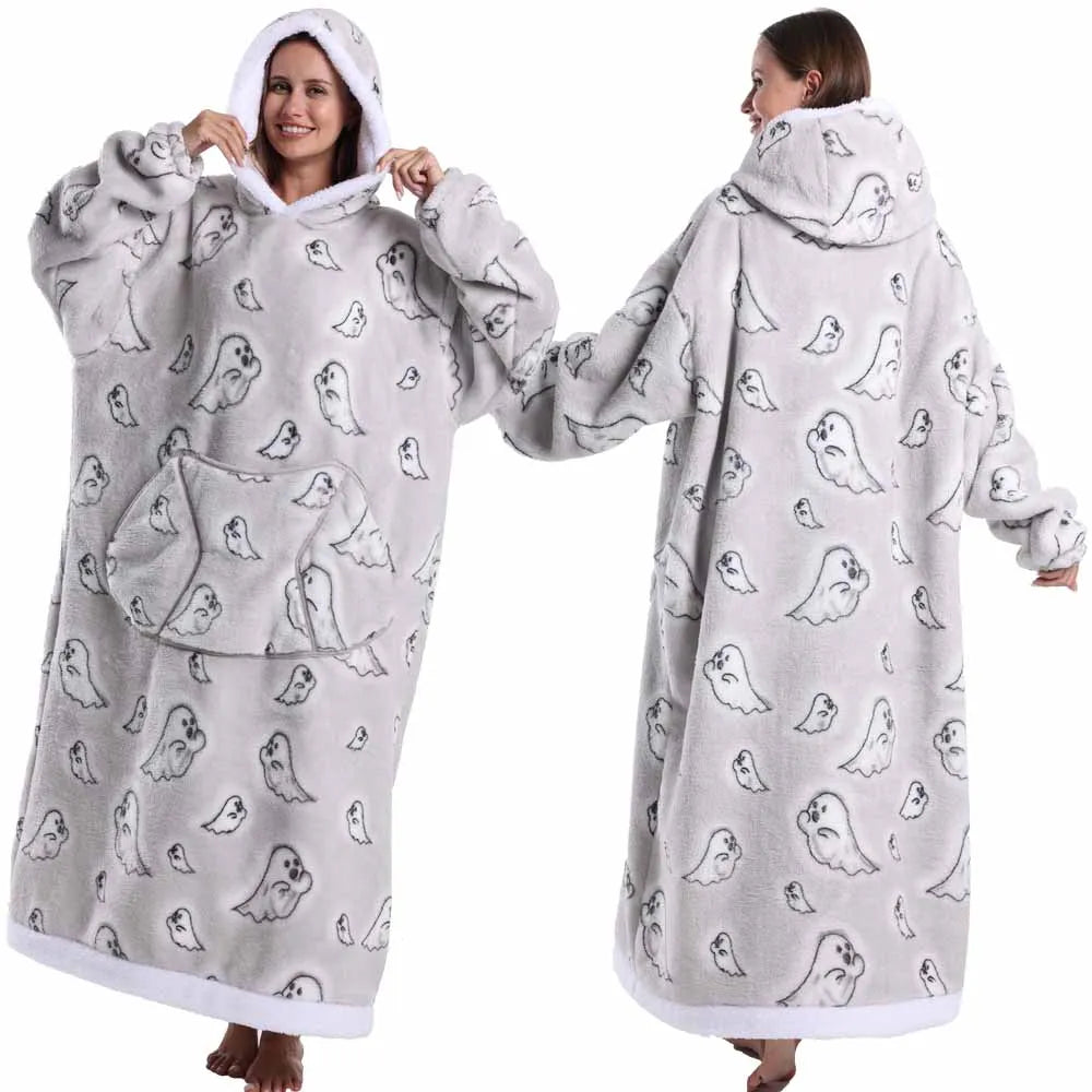 Wearable Blanket Hoodie with Sleeves Winter Oversized Blanket for Adults Extra Long Halloween Pajamas Pumpkin Skull Home Clothes