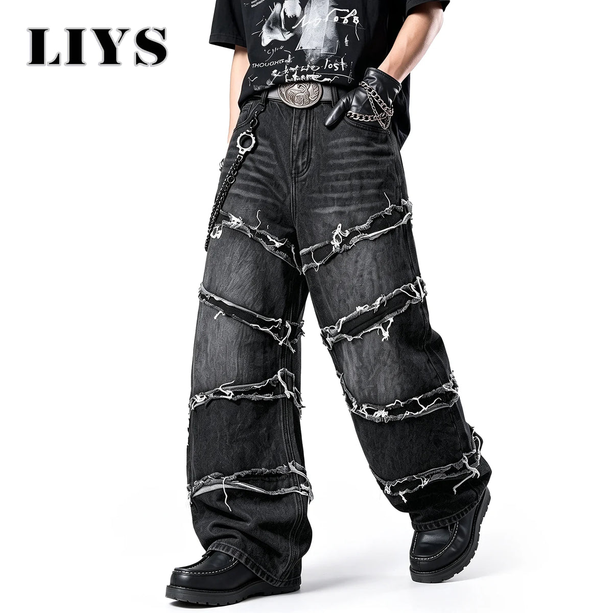 LIYS Men's Gothic Baggy Jeans Raw Frayed Edge Deconstructed Patchwork Wide Leg Denim Pants Y2K Punk Streetwear Trousers ﻿