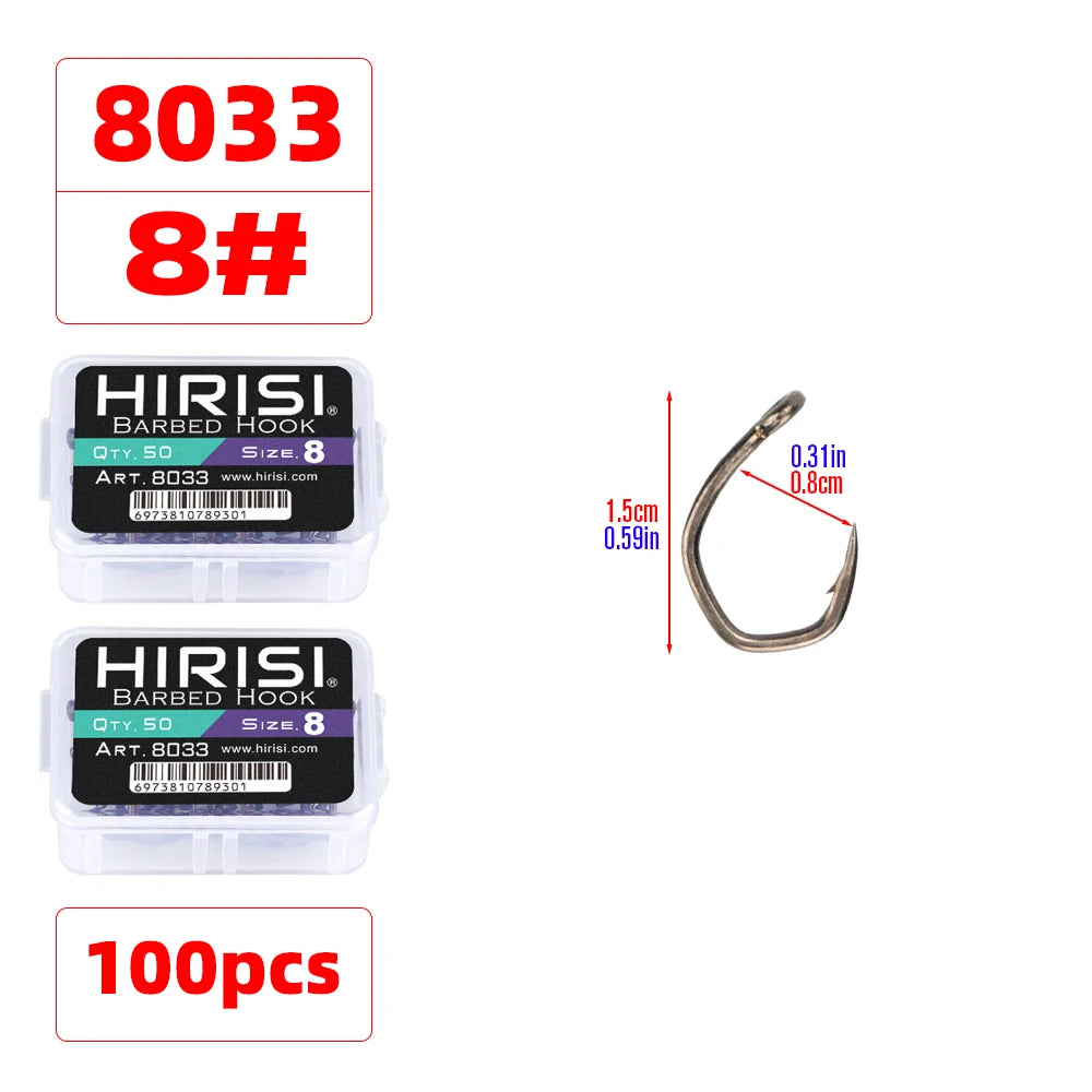 Hirisi 50pcs PTFE Coated High Carbon Stainless Steel Micro Barbed Fish Hook With Eye 8033 Fishing Accessories Spliceable Box