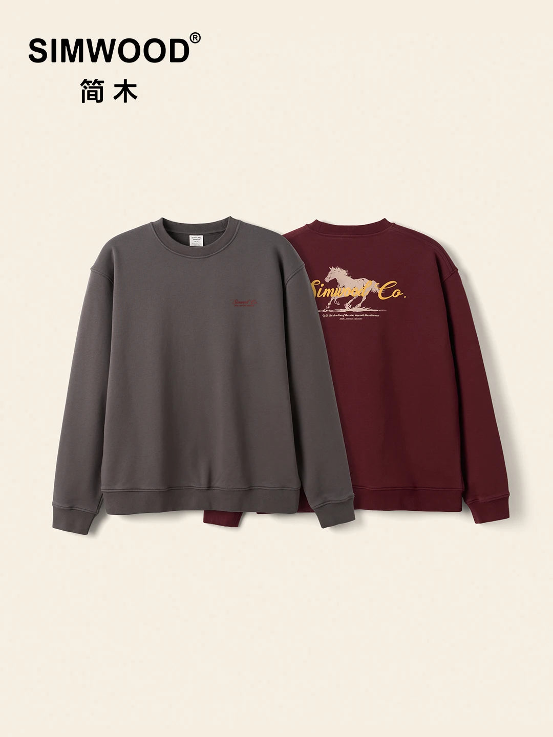 SIMWOOD 2026 Spring New【Short Length Oversize】360gsm Fabric Year of the Horse Chinese Zodiac Graphic Crewneck Sweatshirt Men