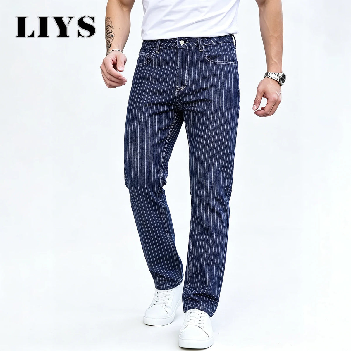 ONE·DINY Light Blue White Striped Jacquard Slim Elastic Fit Straight Leg Jeans Business Casual Style Commuting Denim Pants﻿