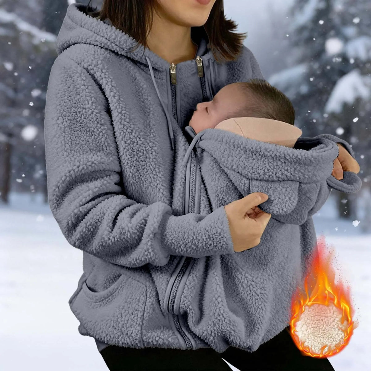 2 in 1 Warm Fleece Hoodie Coat with Baby Carrier Long Sleeve Faux Fur Plush Sweatshirt Outdoor Mom's Hoodie Jacket Baby Bag