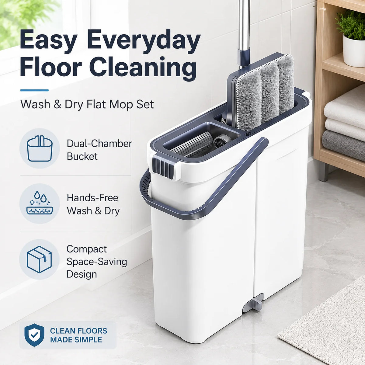 Joybos Space-Saving Slim Mop Bucket Set (Only 5.3" Wide), Self-Wringing Flat Mop with Built-in Hair Scraper & Anti-Tipping Suction Base, Includes 2 Washable Pads