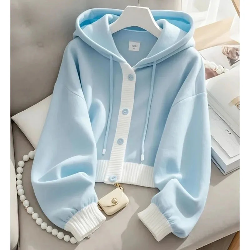 Lazy Wind Femme Hooded Sweatshirts Jacket Autumn Winter Women Patchwork Cardigan Hoodies Advanced Ladies Loose Blue Top Coat 5XL