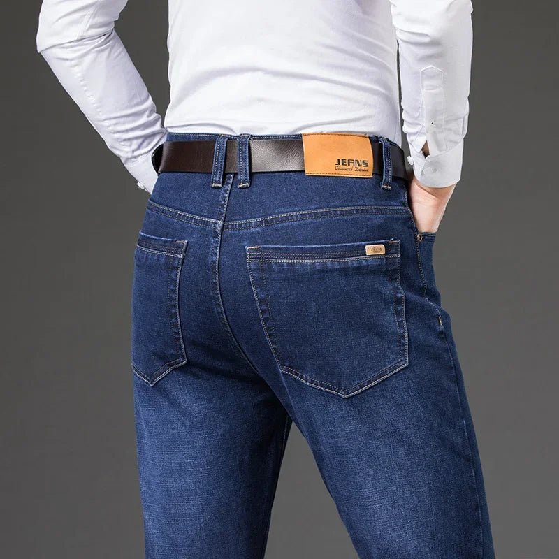 Large Size 40 42 44 46 2025 New Business Casual Stretch Trousers Classic Blue Denim Pants Male Men's Loose Straight Jeans