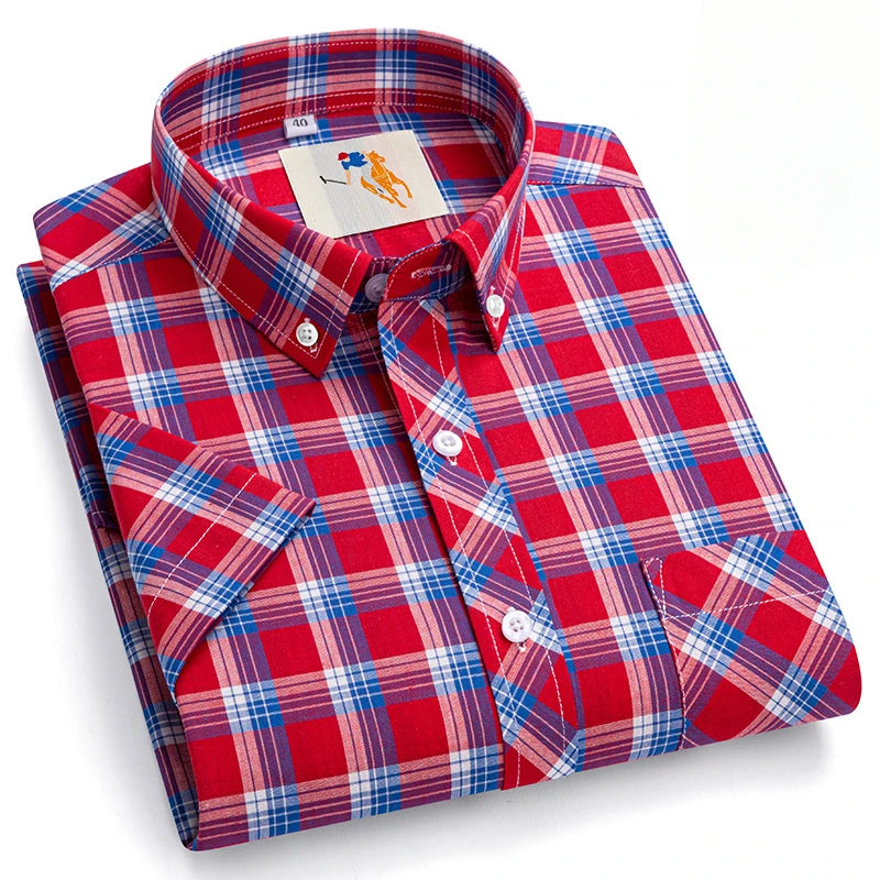Fashion Korean Plus Size 8XL 100%Cotton Short Sleeve Shirts for Men Slim Fit Formal Plain Shirt Plaid Hawaiian Shirt Casual Top