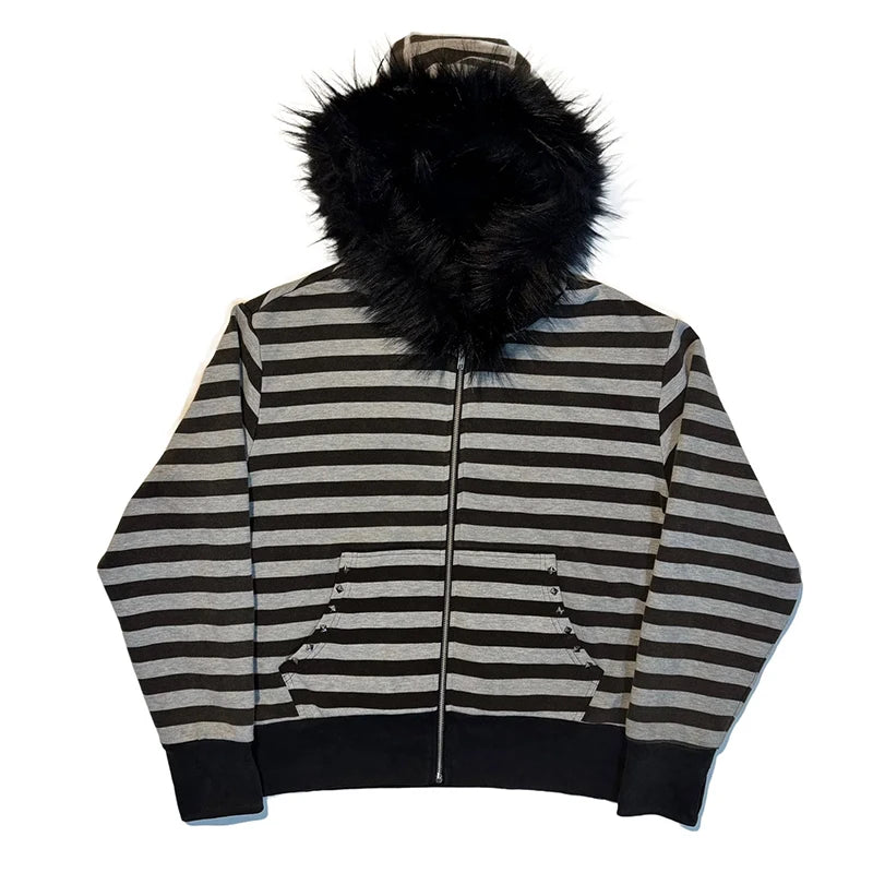 Vintage vibe Hip Hop Y2K Zip up hoodie Stripe Harajuku Punk jacket Streetwear Subculture Zipper Hoodie sweatshirt Gothic Clothes