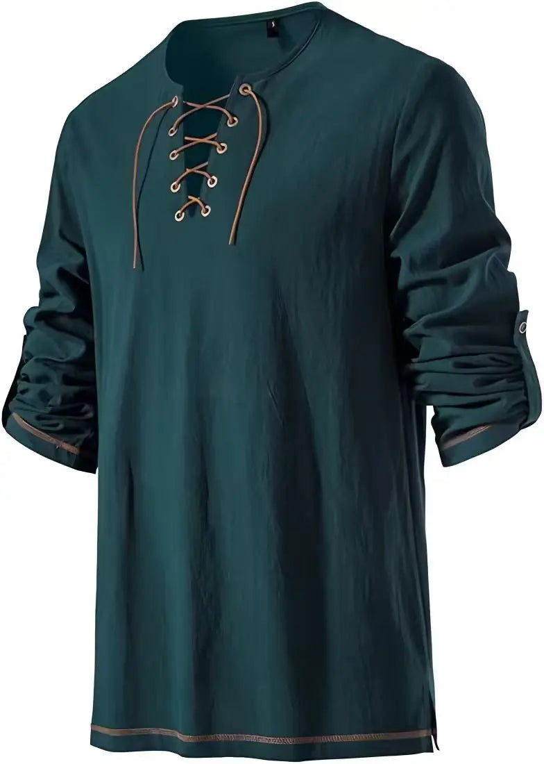 Men Medieval Lace Up Linen Long Sleeve Tunic Viking Pirate Renaissance Cosplay Shirt With Vintage Embossed Leather Belt