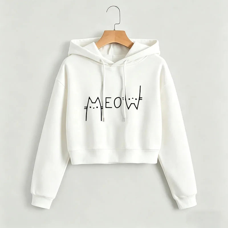 Funny Meow Cat Cropped Sweatshirt Crop Top Hoodie Y2k Sweatshirts Gothic Casual Style Clothes kawaii girls hoodies