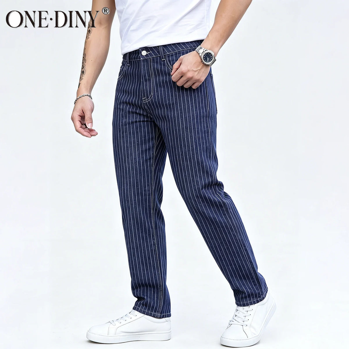 ONE·DINY Light Blue White Striped Jacquard Slim Elastic Fit Straight Leg Jeans Business Casual Style Commuting Denim Pants﻿