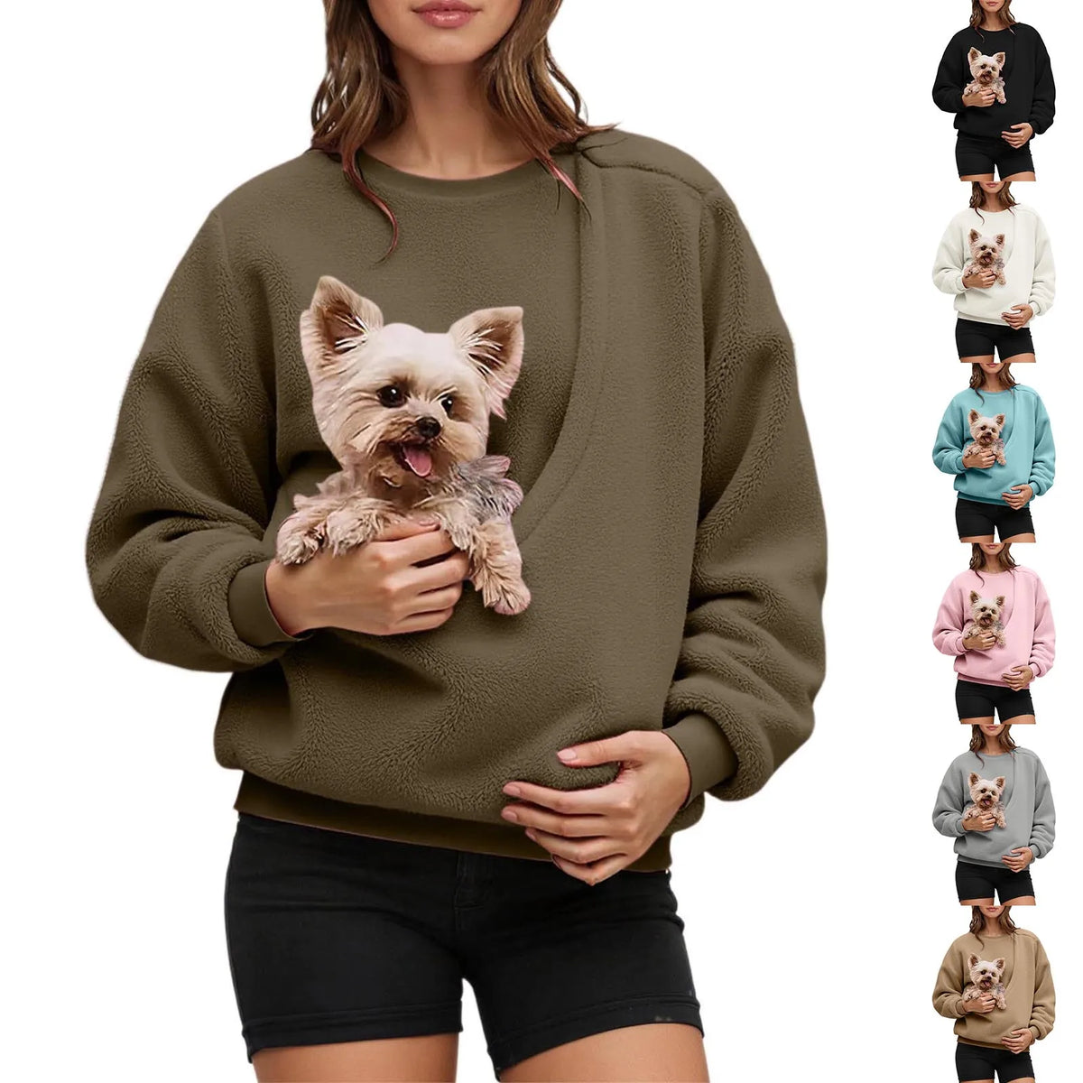 Pet Carrier Unisex Sweatshirt Casual Fleece Fabric Pullover Cozy Long Sleeve Top Couple Matching Pet Pouch Round Neck Shirt