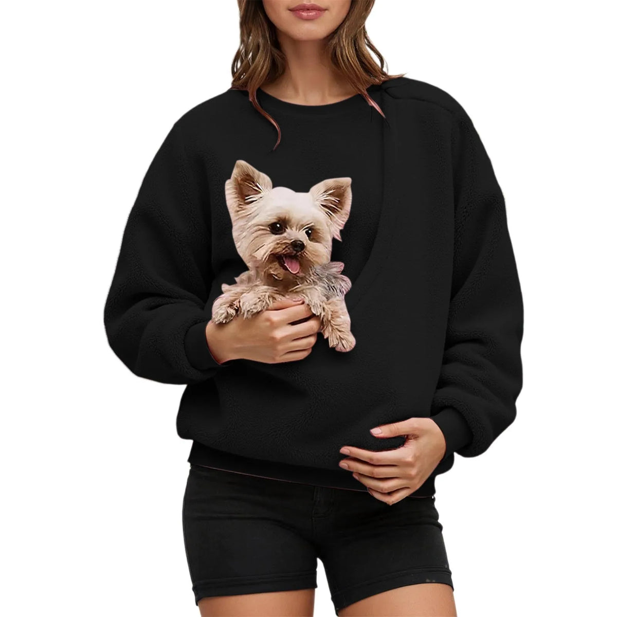 Pet Carrier Unisex Sweatshirt Casual Fleece Fabric Pullover Cozy Long Sleeve Top Couple Matching Pet Pouch Round Neck Shirt