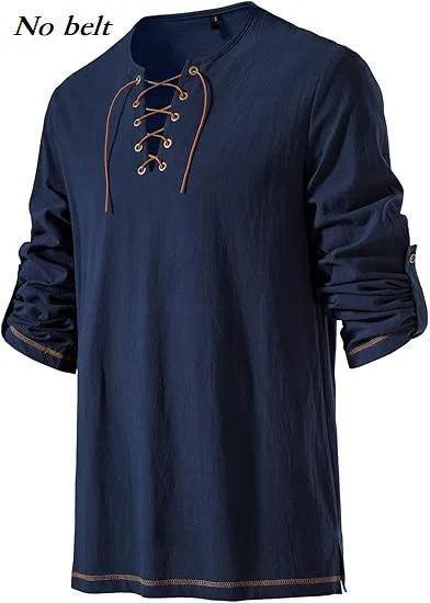 Men Medieval Lace Up Linen Long Sleeve Tunic Viking Pirate Renaissance Cosplay Shirt With Vintage Embossed Leather Belt
