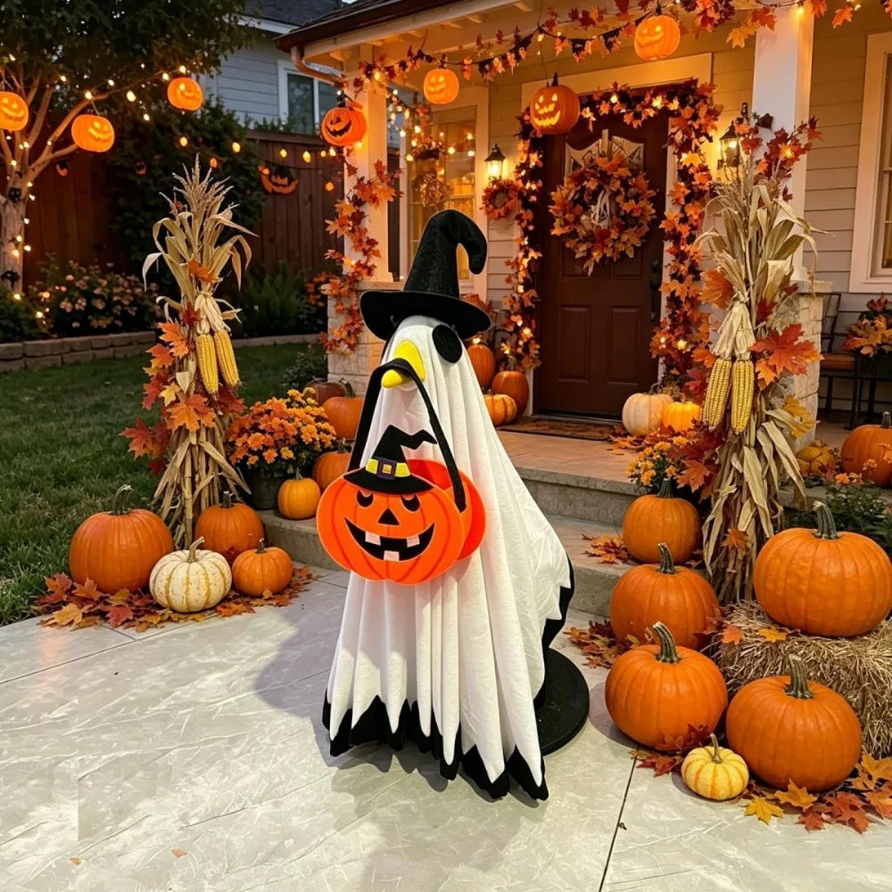 Porch Goose Halloween Costume Terrifying Ghost Cloak Witch Hat Pumpkin Bag Set Suitable 23 Inch Lawn Goose Statue Goose Clothes