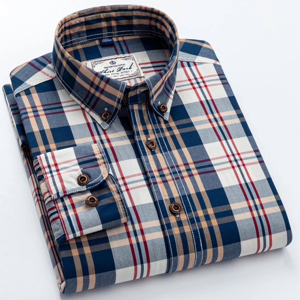 Men's 100% Cotton Plaid Long Sleeve Casual Shirt, Spring Autumn Lightweight & Breathable Slightly Slim Fit Button Down Shirts