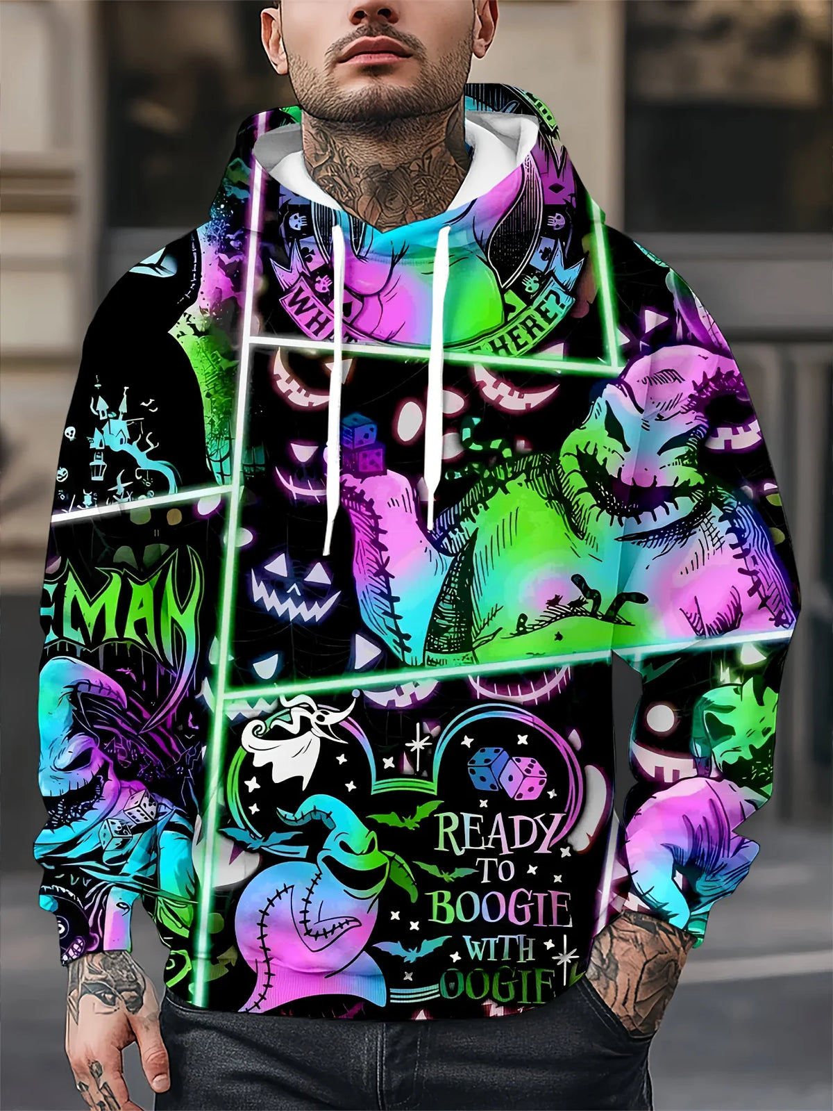 Men Oogie Boogie Neon Color Grid Print Drawstring Hoodie With Pocket