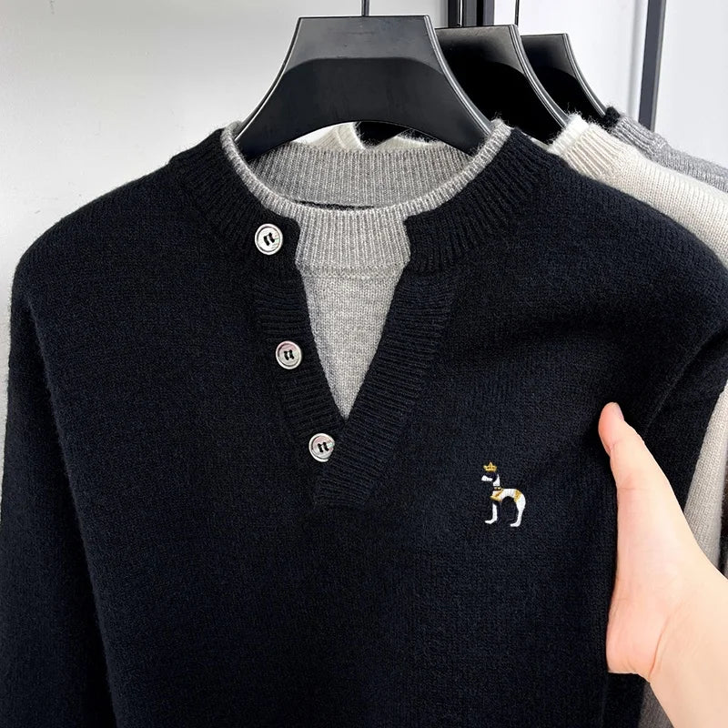 Korean Version Fashion Men‘s Long-Sleeved Knitwear Button Color Blocking False Two-Piece Embroidery Sweater Hot-Selling for Men
