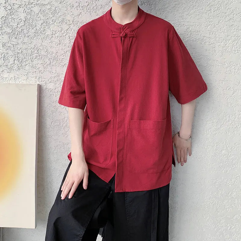 Oversized Men Shirts Cotton Linen Harajuku Style Short Sleeve Shirt Men Loose Trend Solid Color Casual Male Hip Hop Tops 5XL