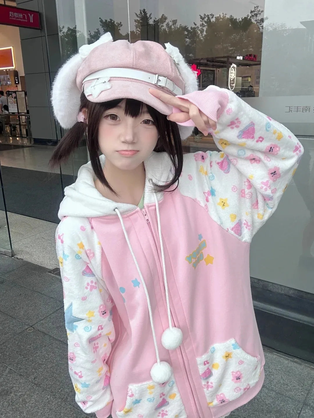 Harajuku Zip Hoodies Women Japanese Sweet Lolita Sweatshirts Kawaii Cartoon Print Y2k Hooded Overcoat Korean Fashion Clothes Top