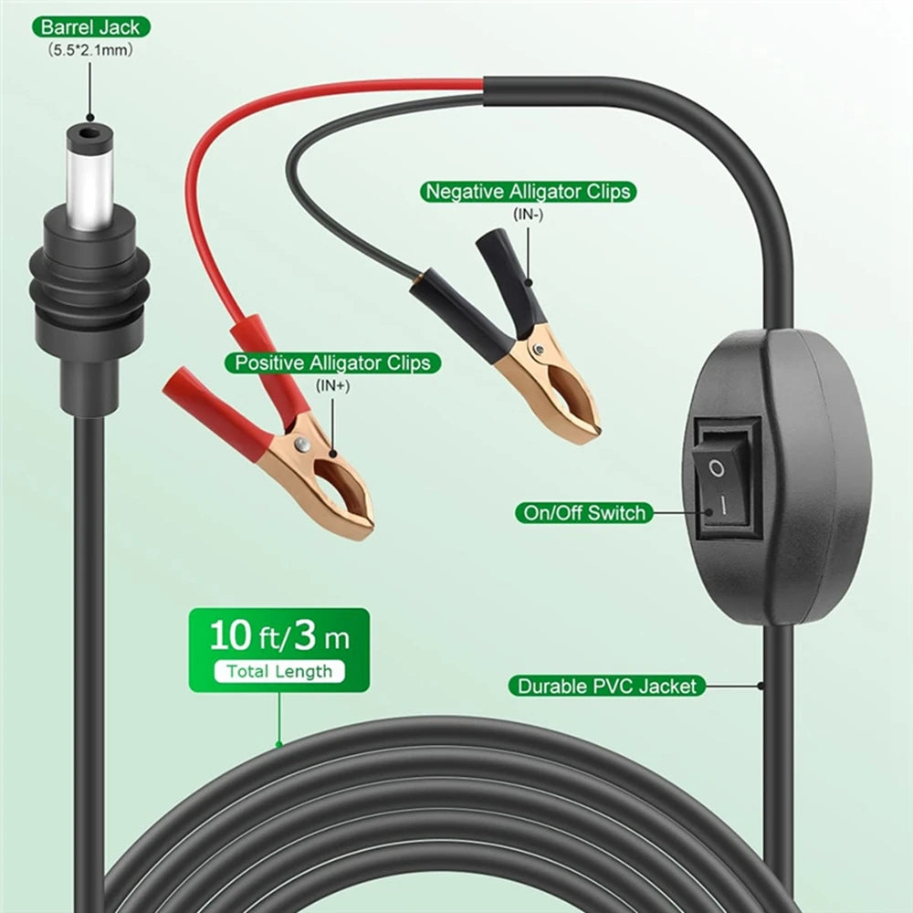 2/3/5m 12-48V Alligator Clip To DC Power Cable 16AWG Wire For Starlink Mini  with Built-in Switch For Starlink Mini Accessories