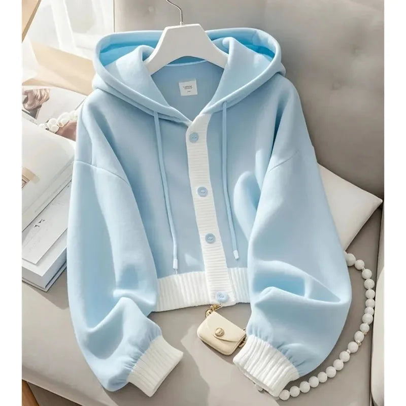 Lazy Wind Femme Hooded Sweatshirts Jacket Autumn Winter Women Patchwork Cardigan Hoodies Advanced Ladies Loose Blue Top Coat 5XL