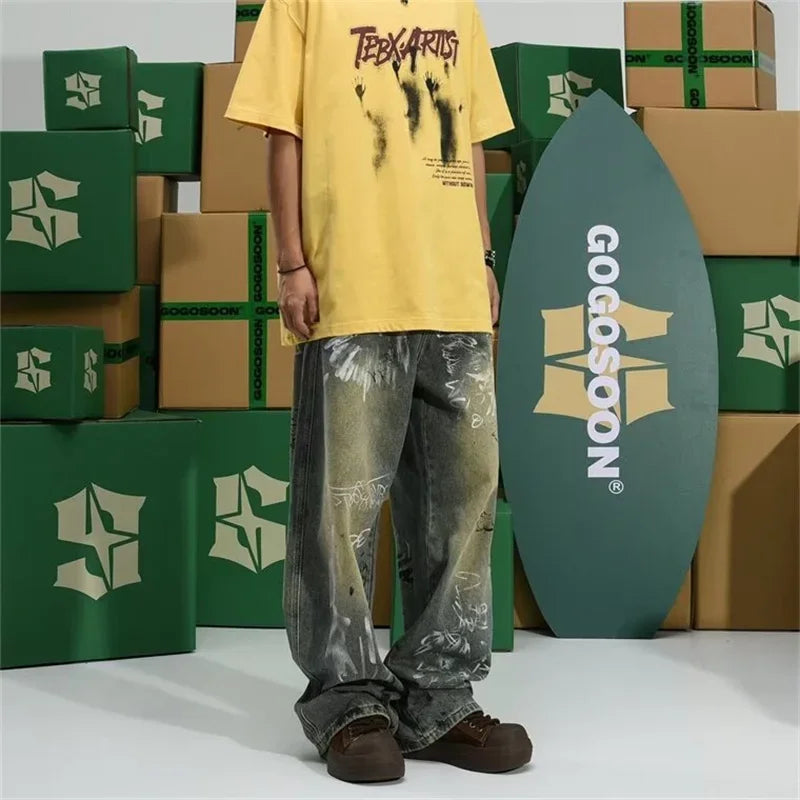 Men's Y2K Graffiti Printed Baggy Jeans New Vintage Distressed Blue Harajuku Denim Pants High Street Straight-leg Jean Trousers