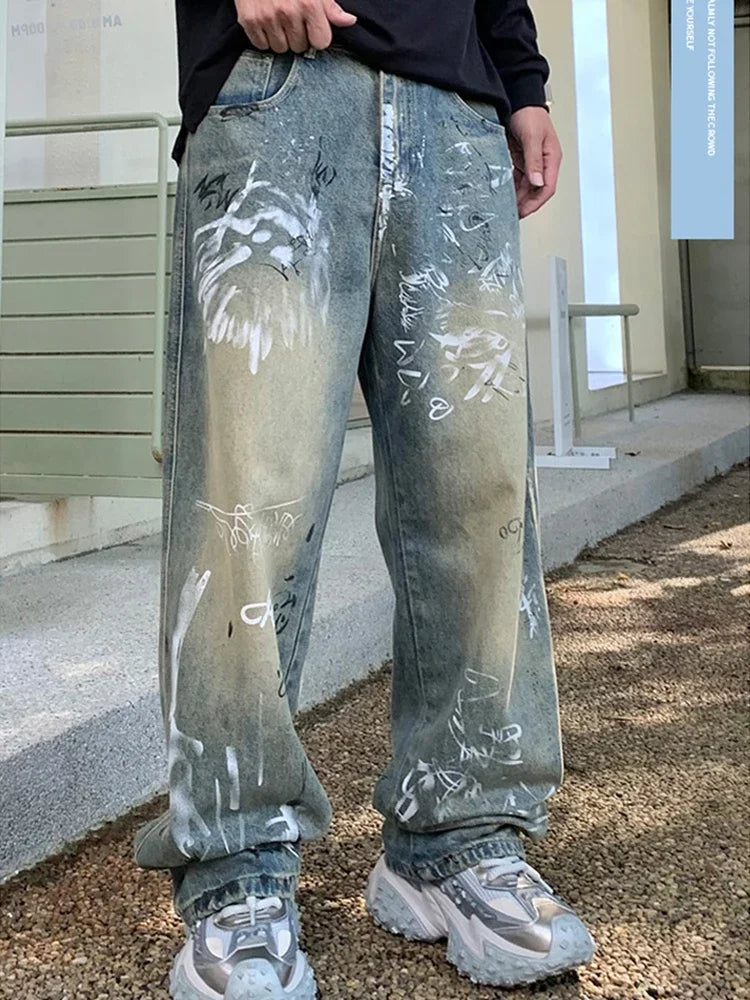 Men's Y2K Graffiti Printed Baggy Jeans New Vintage Distressed Blue Harajuku Denim Pants High Street Straight-leg Jean Trousers
