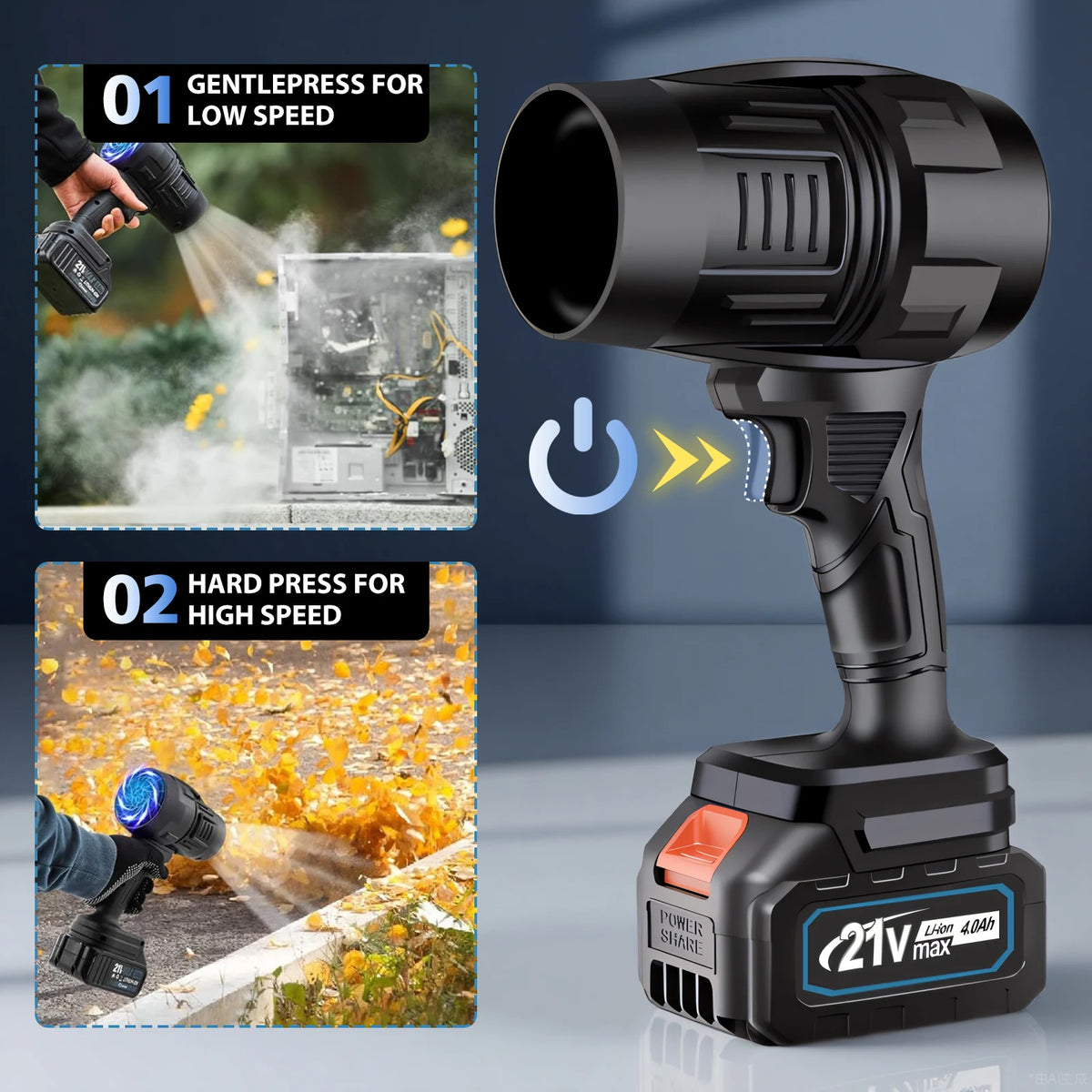 21V Electric Blower 80000 RPM 850W Portable Handheld Turbo Fan Blower Tool With Battery for Patio Cleaning Lawn Care Leaves Dust