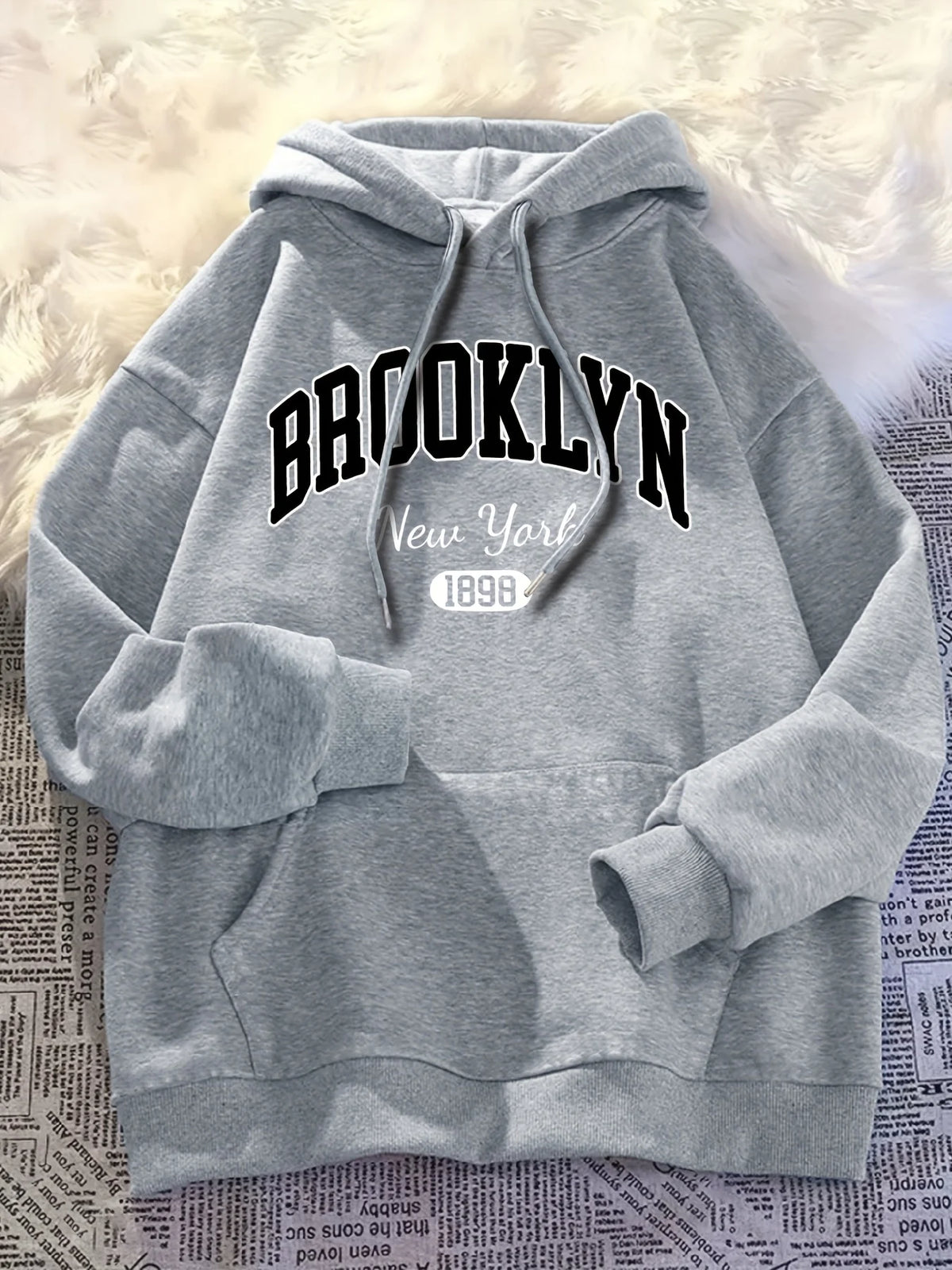 Brooklyn Hoodie Casual Wear Fashionable Letter Cartoon Print Women'S Casual Long Sleeve Pullover with Kangaroo Pockets  Trendy