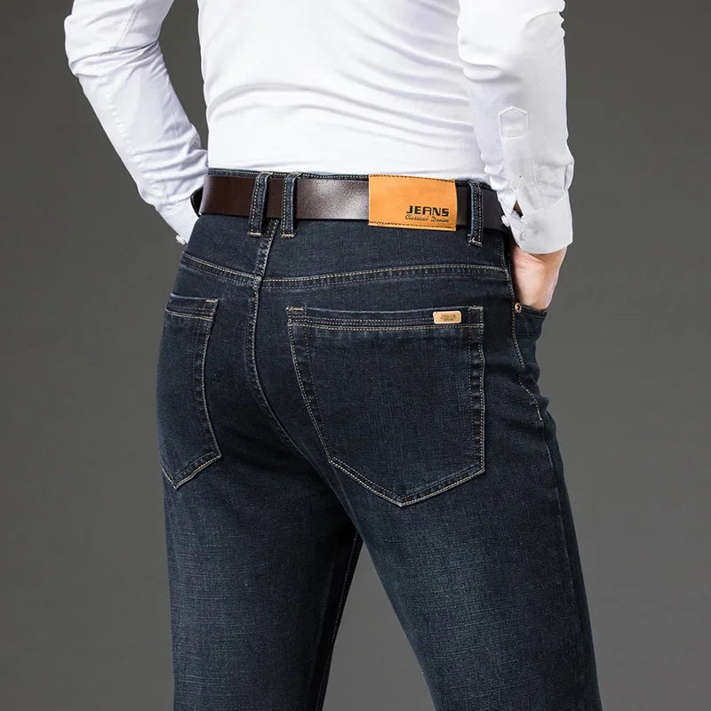 Large Size 40 42 44 46 2025 New Business Casual Stretch Trousers Classic Blue Denim Pants Male Men's Loose Straight Jeans