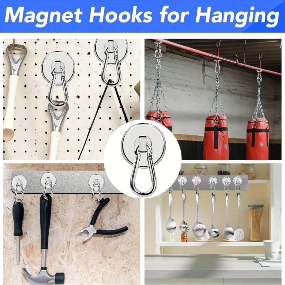 1/2pcs Ultra-Strong Magnetic Hooks Pro - 100lbs Heavy-Duty Neodymium Magnets with Carabiner and Swivel Ideal for Hanging Kitchen